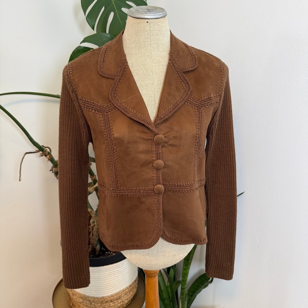 North River Outfitters Mixed Media Jacket Womens M‎ Brown Faux Suede Ribbed Knit
